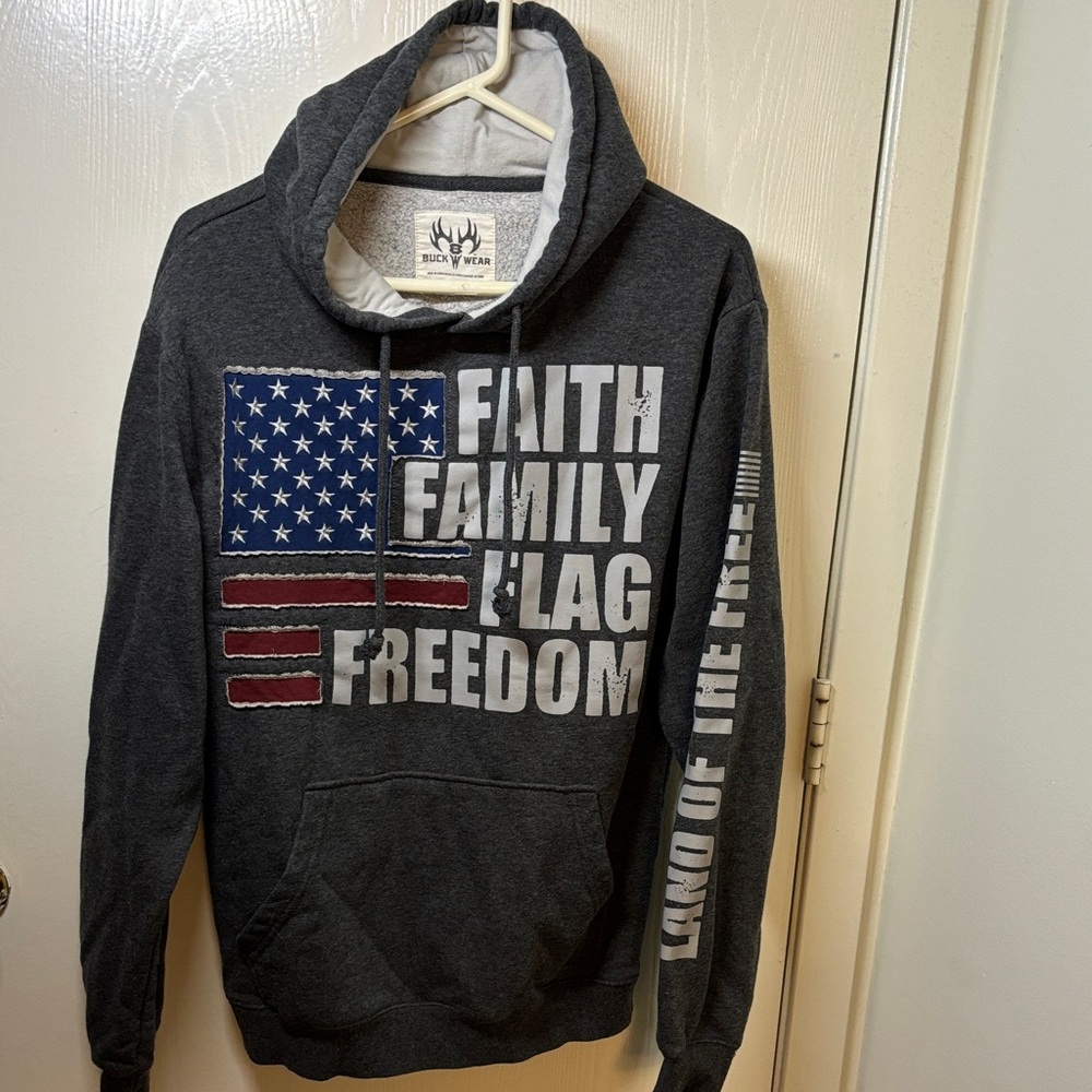 Men’s Dark Gray Hoodie Sweatshirt - Faith Family Flag Freedom